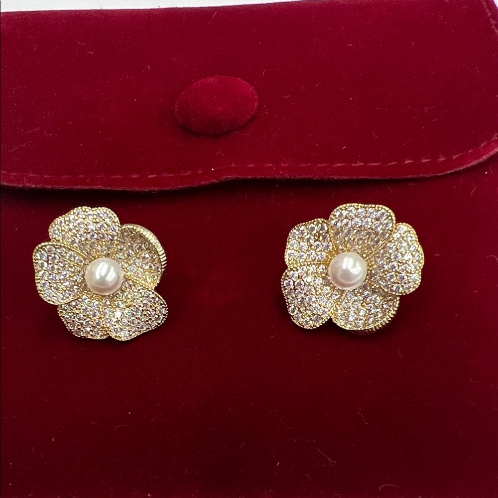 Gold Floral Pearl Center Clip-On Earrings